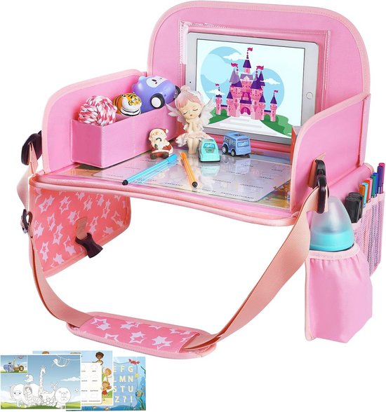 Kinder Reisdienblad - Autostoel Tafel - Reizen met Kinderen - Opvouwbaar Met Opbergvak - 42 x 33 cm - Roze