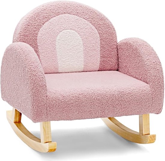 Kinder Schommelstoel - Teddy Fluweel Zachte Zitbank met Massief Houten Poten - Roze Kindermeubel voor Slaapkamer van Merkloos