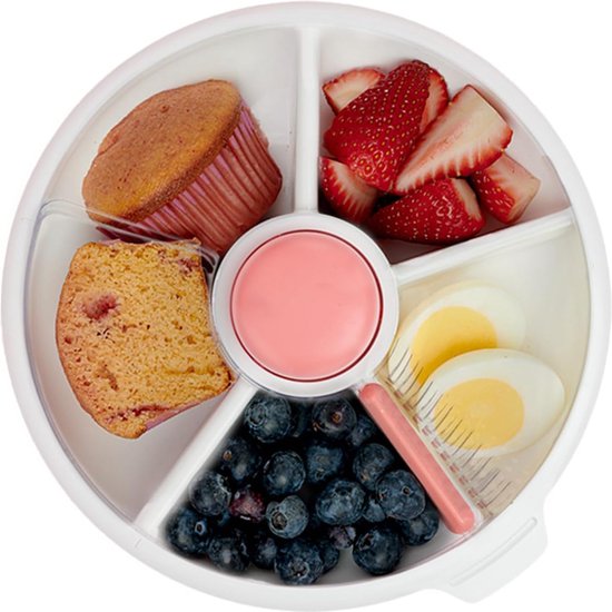 Kinder Snack Spinner Bundel met Handvat en Stickers - Herbruikbare Snackhouder met 4 Vakken en Schuifdeur | Vaatwasserbestendig | Geen Morsen, Lekvrij van Kinder