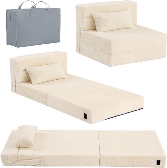 Kinder Sofa Bed - Opvouwbare Peuter Slaapbank - Glow in the Dark Vloermatras met Blauw Dinosaurus Design - Modulair Opklapbaar Kinderzitje - Omvormbare Futon Stoel tot Bed - Speelkamer en Kinderkamer Meubel - Beige van Merkloos