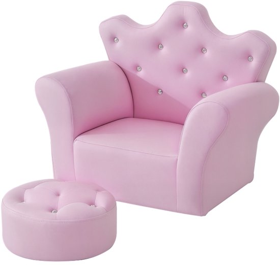 Kinder sofa set met voetenbank Roze PU Leer 58x40,5x49cm Geschikt voor 3-7 jaar Meisjes Kroon Rugleuning 50kg voor Slaapkamer Speelkamer