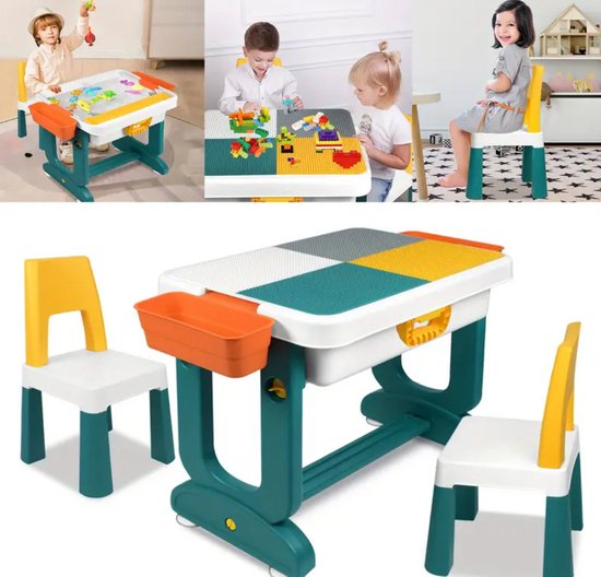 Kinder Speeltafel met 2 Stoelen & 300 Blokken – Activiteitentafelset Kindertafel Met Bouwblokken En Opbergruimte van Merkloos