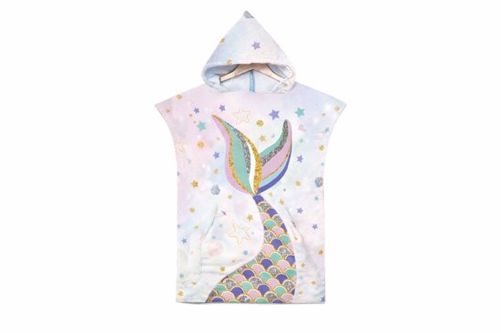 Kinder Strandponcho Zeemeermin – Sneldrogende Handdoek Poncho met Capuchon – Microfiber Badponcho Kind – Strand & Zwembad – 75x65 cm (circa 3-8 jaar)