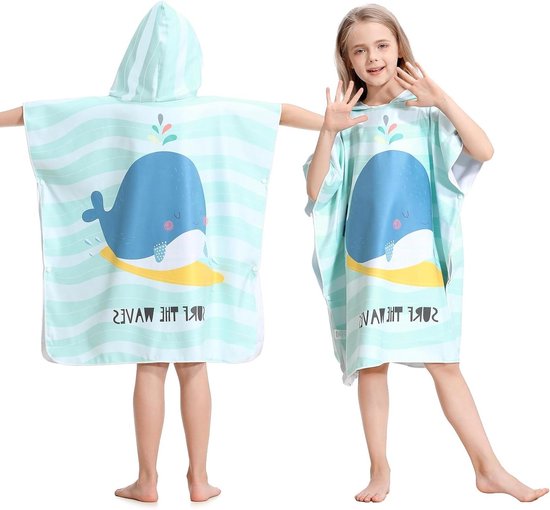 Kinderbadponcho - Verkleedhanddoek - Na zwemmen - Met capuchon - 70x73 cm - Walvis