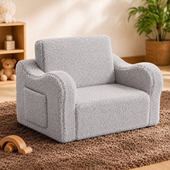 Kinderbank 2-in-1 Uitklapbaar – Zachte Pluche Kinderstoel en Ligstoel – Opvouwbare Kinderfauteuil voor Speelkamer en Kinderkamer – Lichtgrijs