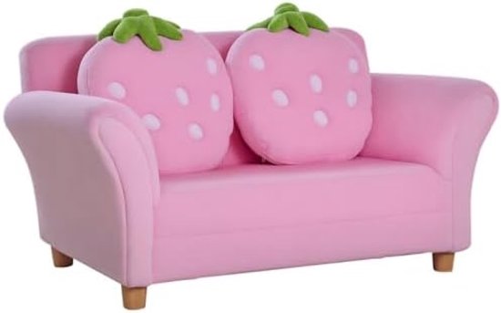 Kinderbank Kinderfauteuil Zachte Tweedelige Bank met Aardbeienmotief en Kussens - Stabiele Kinderstoel voor Slaapkamer - Coral Fleece Bekleding - Houten Frame van Merkloos