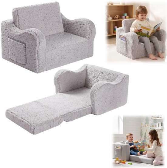Kinderbank - Peuter fauteuil - Opklapbare bankstel - Kinderzitje - Pluche stof - Luie Stoel voor peuters - Ontwerp met zijvakken - Voor baby's, kinderen en huisdieren (60*43*43cm - Grijs)