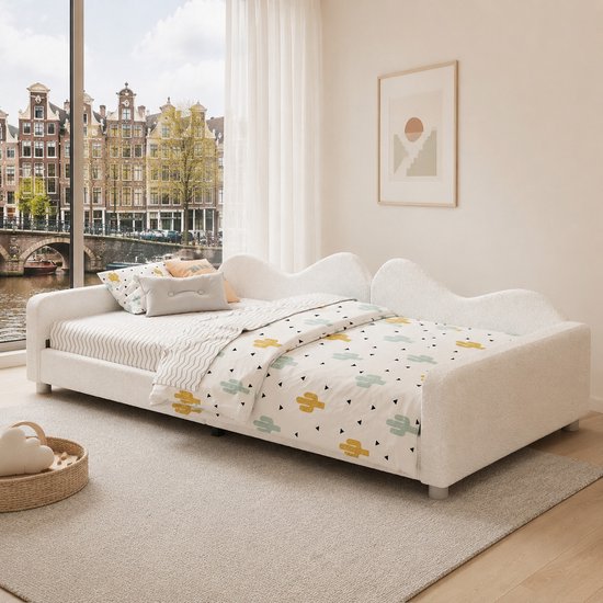 Kinderbed Polsterbett 90x200cm Teddystof - Multifunctioneel Kinderbed met Rugleuning en Armleuningen, Kan als Gastenbed of Slaapbank Gebruiken, Wit van WUVRIE