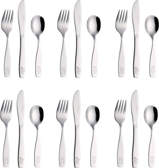 Kinderbestek, 18-delig roestvrij staal, klein kinderbestek met hamergreep, kinderbestekset met 6 kindervorken, 6 kindermessen, 6 kinderlepels van Kinder