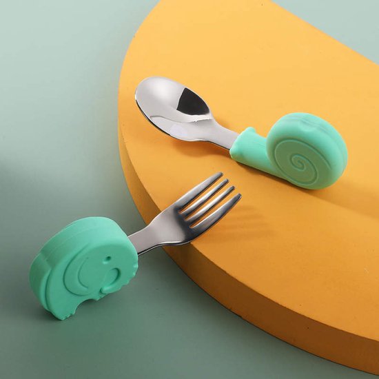 Kinderbestek - Baby - Zelf Leren Eten - 6 Maanden+ - Baby Lepeltjes en Vorkjes - Baby Bestek - BPA-Vrij - RVS - Siliconen - Groen van Kinder