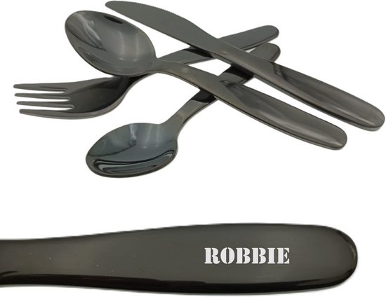 Kinderbestek Met Stoere Naam Gravering - Robbie - Zwart van Kinder