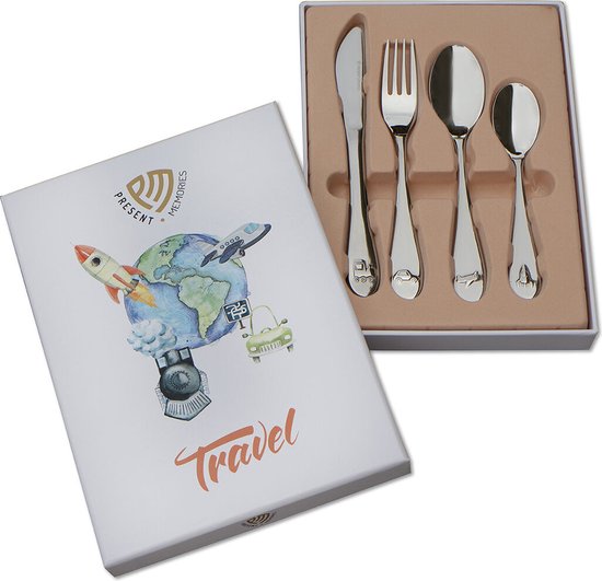 Kinderbestek Reizen Auto Trein Vliegtuig Raket 4 Delig van Kinder