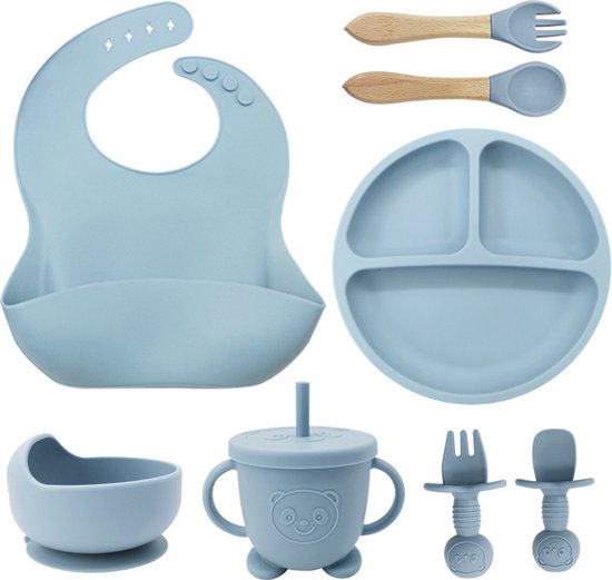 Kinderbestek Siliconen 8-Delig - BPA Vrij - Kinderservies set Incl. kom, bord, drinkbeker, slabbetje en 2 sets vork & lepel - Babyservies set Geschikt voor magnetron, oven en vaatwasser - Babybestek - Lichtblauw - Babyshower Cadeau van Kinder
