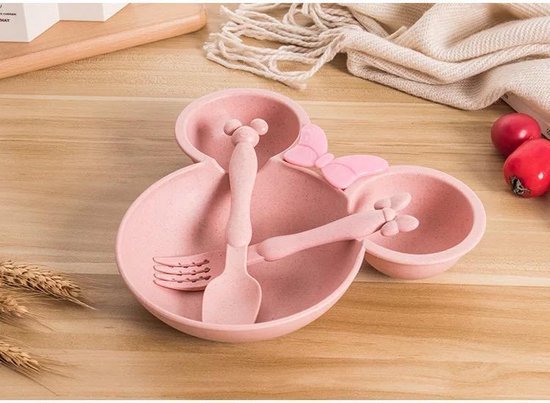 Kinderbord-Kinderservies-Kinderbestek-Baby bord-Peuter bord-Tarwe-Melaninevrij-Onbreekbaar-muis vorm-Kraam cadeau-Roze van Kinder