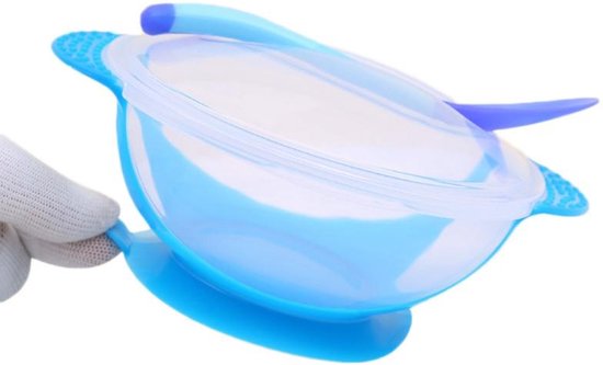 Kinderbord met deksel en lepel - Baby Servies - kinderkom met lepel - Met Zuignappen - Blauw - Kinderbestek - baby bakjes plastic met deksel van Kinder