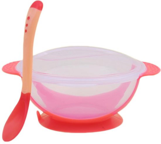 Kinderbord met deksel en lepel - Baby Servies - kinderkom met lepel - Met Zuignappen - Roze - Kinderbestek - baby bakjes plastic met deksel van Kinder
