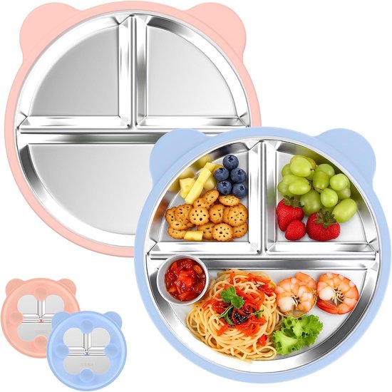 Kinderbord met Zuignap - Verdeeld bord - 2 stuks - Antislip - RVS Babybord - Onbreekbaar - Dinerbord - rond - BPA vrij