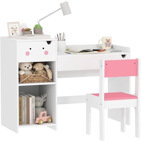 Kinderbureau en stoelset voor peuters, met opbergruimte en boekenplank, geschikt voor 3-6 jaar oud, wit/roze van Merkloos