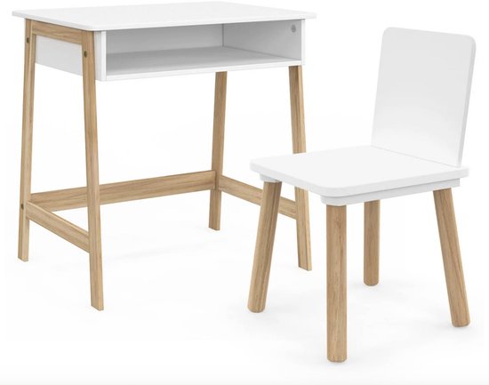 Kinderbureau met Stoel – Peuter Bureau Set met Opbergnis – Wit Hout MDF – Kinder Tafel en Stoeltje – Bureau voor Kinderen 3-7 Jaar – Kinderkamer Meubel – Compact Studie Bureau van Merkloos