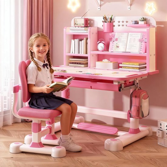 Kinderbureau Stoelset - Studiebureau met steun - Leren en lezen - In hoogte verstelbaar - 80 cm breed - Roze