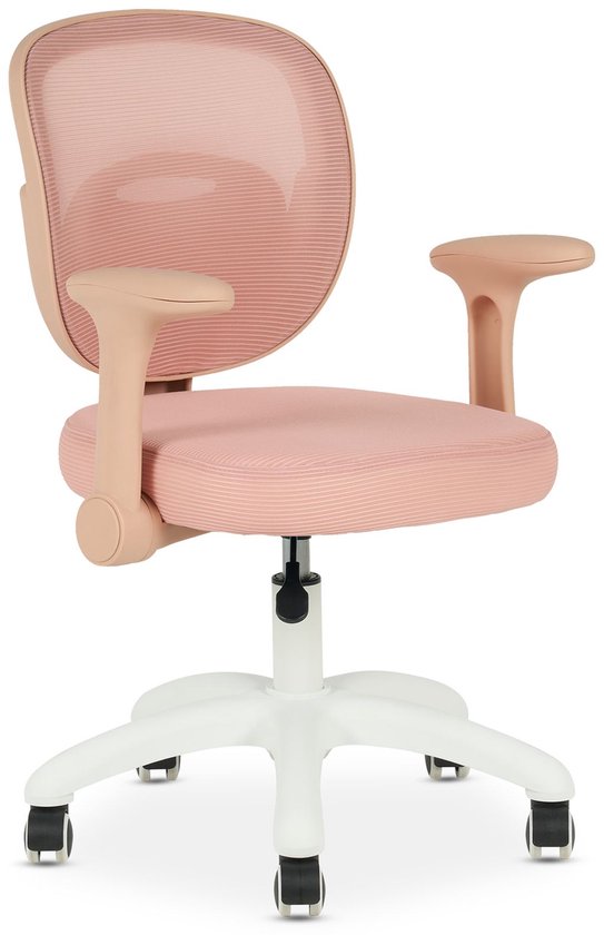 Kinderbureaustoel AMELIA in hoogte verstelbaar met armleuningen in roze. Ergonomische kinderbureaustoel met netrugleuning & wit onderstel met 5 wielen - hoofdafbeelding van Merkloos