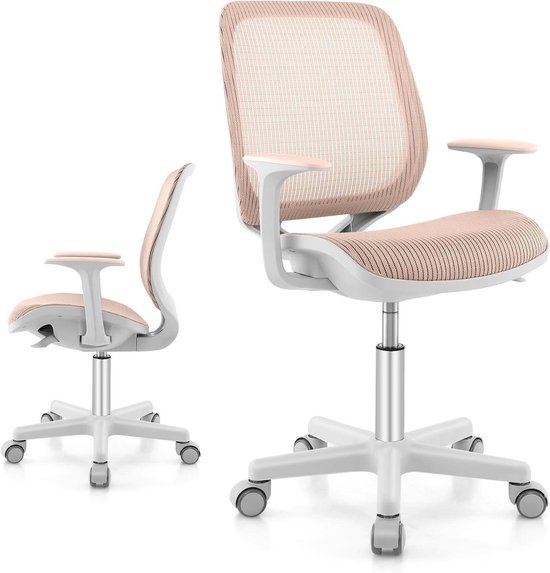 Kinderbureaustoel Draaibaar - Jeugdstoel Bureau - Comfortabel Zitten - Zitrem op Wielen - 43-55 cm - Roze