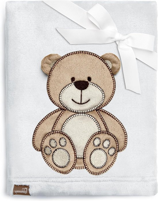Kinderdeken Knuffel - Baby deken - Warm en Zacht - 3D Beer Applicatie - Baby Maat - Lichtgrijs van Merkloos