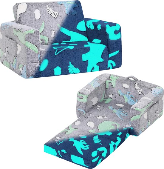 Kinderen 2-in-1 Glow in The Dark Bankstoel, Opvouwbare Speelbank voor Kinderen met Zijvakken & Afneembare Hoes van Kinder