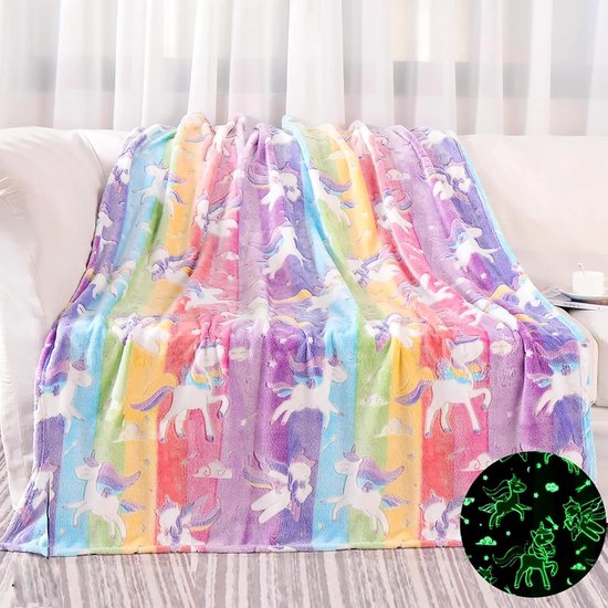 Kinderen Knuffeldeken - Eenhoorn Deken - Super Zachte Warmte - Licht Op In Donker - 130x150cm - Regenboog