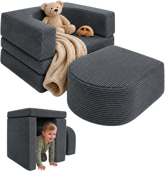 kinderfauteuil - 4-delig set - 65x40x65 cm - ribfluweel - donkergrijs