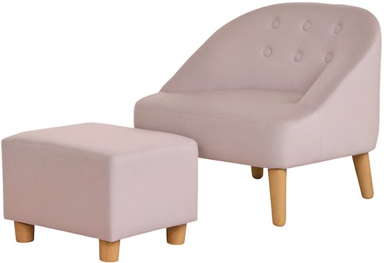 Kinderfauteuil met Voetenbank – Kindersofa van Eucalyptus Hout – Roze