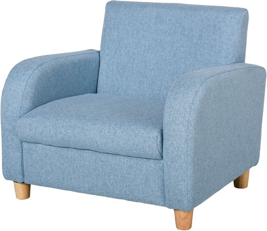 Kinderfauteuil/bank met linnenlook - massief houten poten - schuimkussen - kinderstoel voor kinderkamer/speelkamer - 49 x 45 x 44 cm - voor kinderen van 3 - 5 jaar - blauw