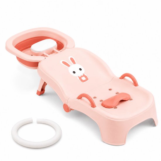 Kinderhaarwasstoel - Kinder Douche Stoeltje Comfort - Draagbare Douchezit voor Baby's en Peuters - inklapbaar haarwasstation met waskom en afvoerslang - verstelbare PU-steunen - antislipvoeten - 102 x 39 x 21 cm - roze - Ideaal voor Groei