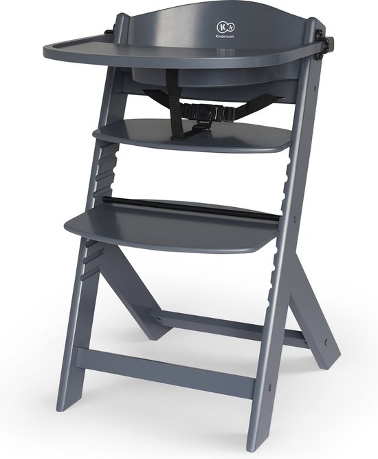 Kinderkraft ENOCK - Houten Kinderstoel 3-in-1 - Hoge babystoel - Hoogte verstelbaar in 5 niveaus - 3-punts gordels, - Tot 10 jaar - Grijs van Kinderkraft
