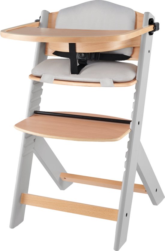 Kinderkraft ENOCK - Houten Kinderstoel 3-in-1 - met Kussenset - Hoge babystoel - Hoogte verstelbaar in 5 niveaus - 3-punts gordels, - Tot 10 jaar - Grijs van Kinderkraft