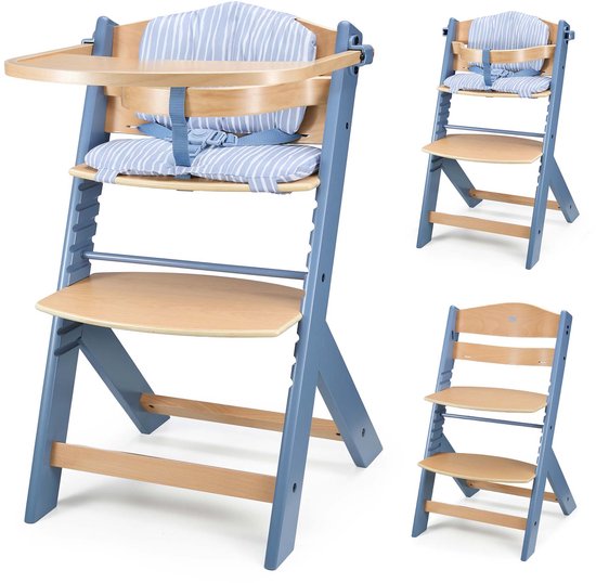 Kinderkraft ENOCK - Houten Kinderstoel 3-in-1 - met Kussenset - Hoge babystoel - Hoogte verstelbaar in 5 niveaus - 3-punts gordels, - Tot 10 jaar - Nordic Breeze