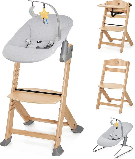 Kinderkraft ENOCK met CALMEE 3-in-1 Houten Kinderstoel - Voor Baby’s en Kinderen tot 10 Jaar - Verstelbaar, Inclusief 3-Punts Gordels en Schommelstoel - Natuur van Kinderkraft