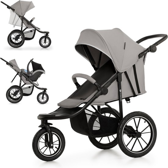 Kinderkraft HELSI 2 - All-terrain wandelwagen - 3 grote opblaasbare wielen - Vering met glasvezel versterkte achterwielen - Verstelbare rugleuning en duwbeugel - Geschikt tot 27 kg - Grote mand - Travel System compatibel - Veiligheidsfuncties - Grijs van Kinderkraft