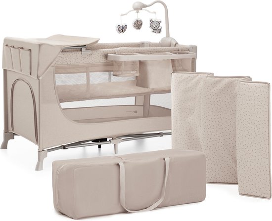Kinderkraft JOY 2 ACC - Reisbed 2-in-1 - Voor baby's tot 25 kg - Snel en eenvoudig inklapbaar - Handige accessoires: kinderbedcarrousel met speelgoed, luierplateaus en aankleedonderlegger, draagtas - Beige van Kinderkraft