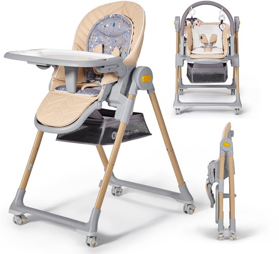 Kinderkraft LASTREE – 2-in-1 Wipstoel en Kinderstoel – 5 Hoogte-instellingen – Inclusief Speeltjes – Makkelijk te Reinigen – Tot 15 kg – Beige