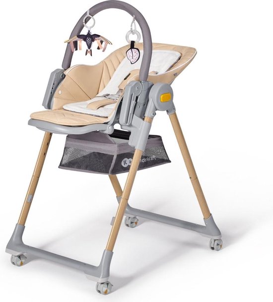 Kinderkraft LASTREE - Wipstoel baby en kinderstoel 2-in-1 - Verstelbaar in lig- en zitposities - Tot 15 kg - Speeltjes, verstelbare rugleuning en voetsteun - In hoogte verstelbaar met 5 niveaus - Opvouwbaar - wielen - Eenvoudig te reinigen - Beige van Kinderkraft