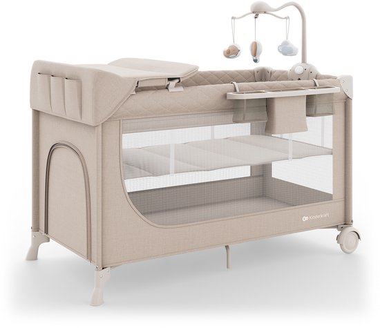 Kinderkraft LEODY UP - 2-in-1 reisbedje - met verschoontafel en organizer - inklapbaar - met muziek mobiel - Beige