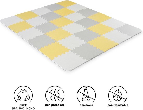 Kinderkraft LUNO - Schuimrubberen speelmat - 30 puzzelstukken - Antislip en waterdicht - 150 cm x 180 cm - Veilig en makkelijk schoon te maken - Draagtas inbegrepen - Ideaal voor spel, kruipen en eerste stapjes - Geel van Kinderkraft