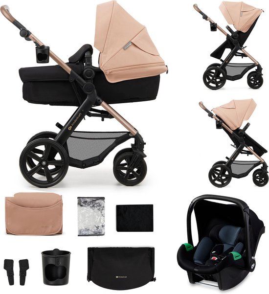 Kinderkraft MOOV 2 - 3-in-1 Kinderwagen - Wandelwagen en kinderwagen - Grote lekbestendige wielen - TRAVEL SYSTEM met MINK PRO i-Size autostoeltje - Vergrote kap UPF50+ - Accessoires: bekerhouder, muskietennet, regenhoes, tas - Beige van Kinderkraft