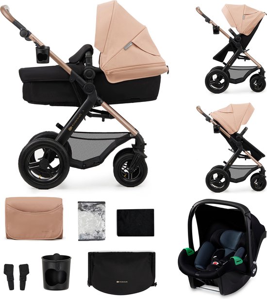 Kinderkraft MOOV 2 AIR - 3-in-1 Kinderwagen - Wandelwagen en kinderwagen - Grote opblaasbare wielen - TRAVEL SYSTEM met MINK PRO i-Size autostoeltje - Kap met UPF50+ filter - Accessoires: bekerhouder, muskietennet, regenhoes, tas voor ouders - Beige van Kinderkraft