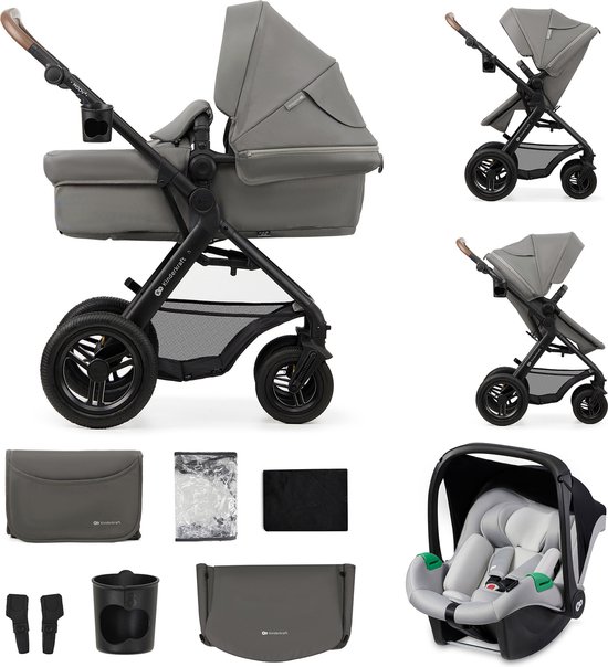 Kinderkraft MOOV 2 AIR - 3-in-1 Kinderwagen - Wandelwagen en kinderwagen - Grote opblaasbare wielen - TRAVEL SYSTEM met MINK PRO i-Size autostoeltje - Kap met UPF50+ filter - Accessoires: bekerhouder, muskietennet, regenhoes, tas voor ouders - Grijs van Kinderkraft
