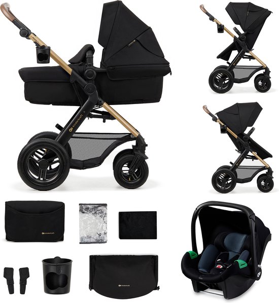 Kinderkraft MOOV 2 AIR - 3-in-1 Kinderwagen - Wandelwagen en kinderwagen - Grote opblaasbare wielen - TRAVEL SYSTEM met MINK PRO i-Size autostoeltje - Kap met UPF50+ filter - Accessoires: bekerhouder, muskietennet, regenhoes, tas voor ouders - Zwart van Kinderkraft