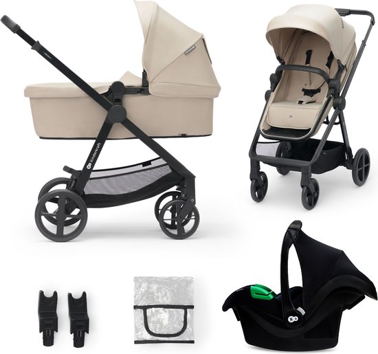 Kinderkraft NEWLY - 3-in-1 Kinderwagen - Geschikt tot 22 kg - Lichtgewicht (7,5 kg) - Incl. MINK PRO i-Size Autostoel - Opvouwbaar met Zitje - Amortiseerbare Wielen - UPF50+ Waterdichte Kap - 2 Richtingen Zitje - Accessoires Inclusief - Beige van Kinderkraft