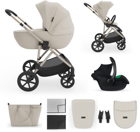 Kinderkraft PRIME 3 Kinderwagen - 3-in-1 met reiswieg zitje en autostoeltje grote 8/12 inch wielen smooth ride - Beige