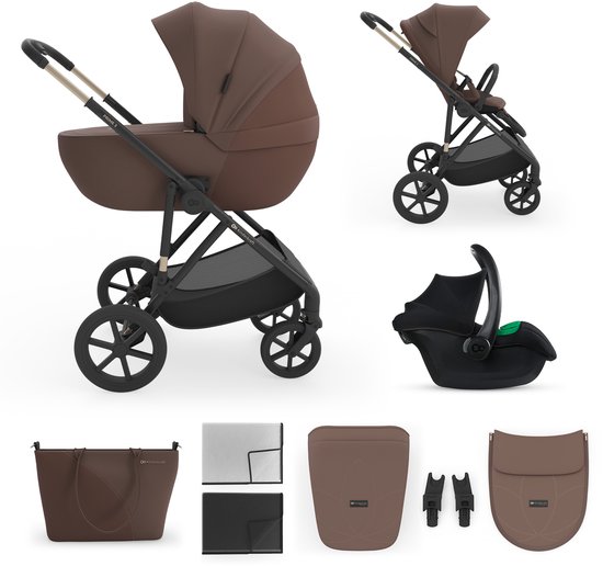Kinderkraft PRIME 3 Kinderwagen - zomerzitje met mesh-paneel MINK PRO 2 autostoeltje regenhoes muskietennet - Bruin